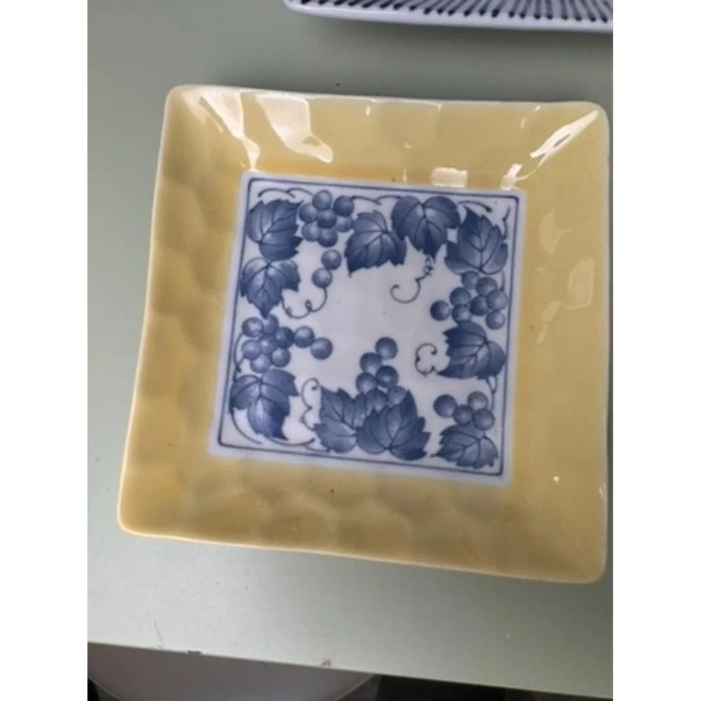 Set of 3 Square Serving Plates Blue Yellow Grapevine Pattern Ceramic Decor Table